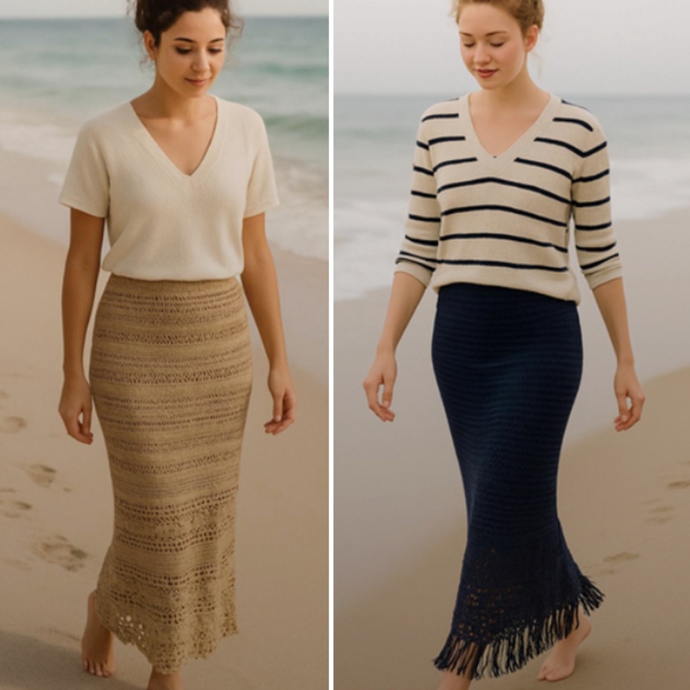 Y2K 2PC CHICO CROCHET LINED BOHO MAXI PENCIL COLUMN SKIRTS W LACE & FRINGE SZ M